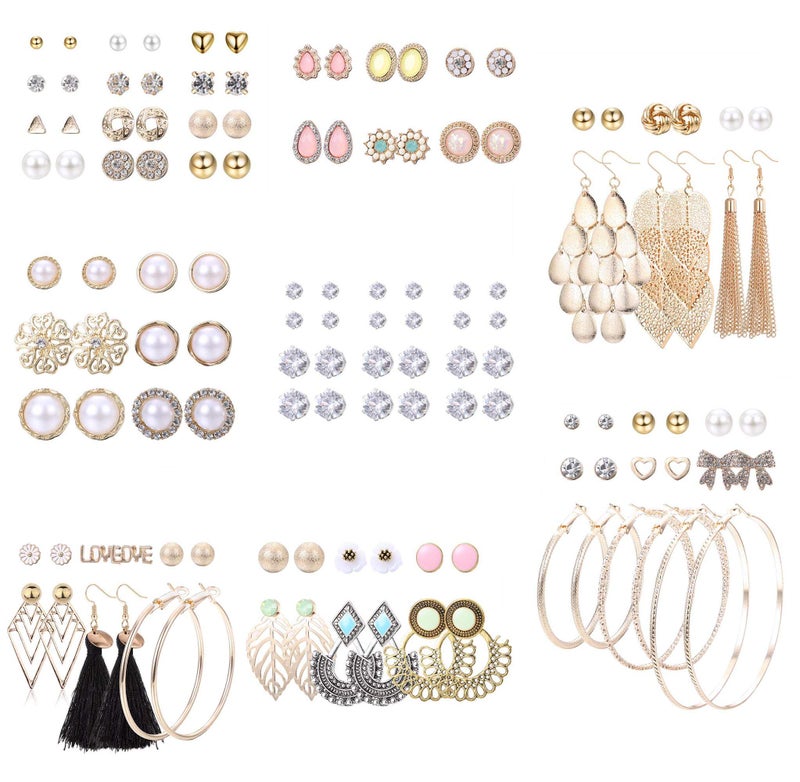 LOYALLOOK 63 Pairs Assorted Multiple Stud Earrings for Women Simple Cute Flower Big Hoop Earrings Moon Geometric Leaf Arrow Bow CZ Ball Heart Faux Pearl Earrings Set (63 pairs a set) - Image 1